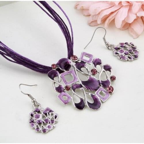 Shell Shaped Jewelry Sets Hollow Enamel Pendant Necklace Earrings Fashion Jewelry Set Statement Jewelry Leather Rope Chain Gifts