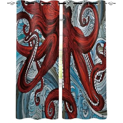 Red Octopus Waves Blackout Curtains For Living Room Window Curtains For Bedroom Kitchen Curtains Drapes Blinds
