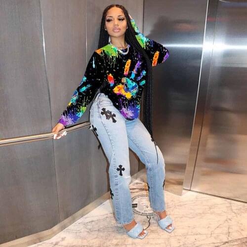 Palm Splash Ink Streetwear Y2K Pullover Tops Women Fashion Round Neck Long Sleeve Slim Fit Tshirts Hip Hop Girls Party Club Tee