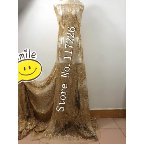 Best design beautiful glued glitter african lace fabric sparkly glitter sequins French tulle lace fabric in gold color