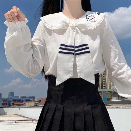 Preppy Style Sweety Soft Girl Japanese JK Shirt Sailor Collar Bow Cat Embroidery Lace Full Sleeve Cute Lolita White Blouse Shirt