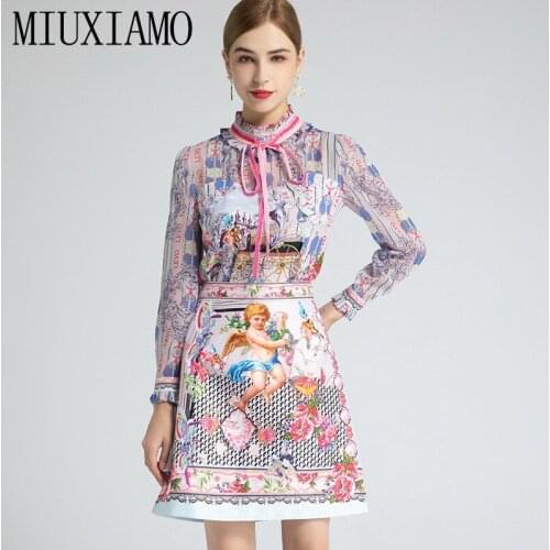 MIUXIMAO 2021 Spring Summer Newest Sexy Collar Perspective Lace Long Sleeve Lolita Shirt Printed Skirt Suit Two-Piece Set Women