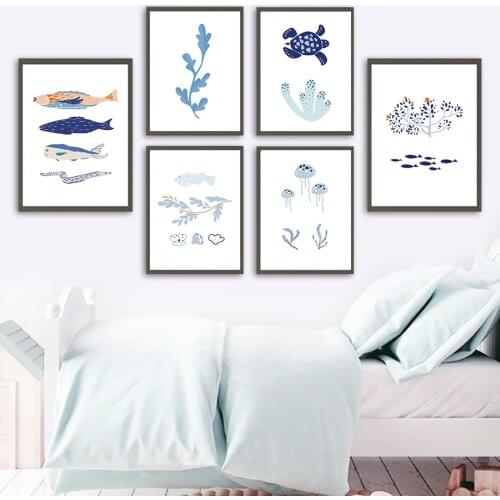 Wall Art Canvas Painting Marine Life Sea Turtle Jellyfish Coral Hairtail Prints Nordic Posters Picture Modern Living Room Decor