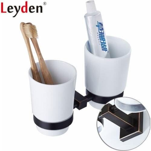 Leyden New Brass Oil Rubbed Bronze Double Toothbrush Tumbler Holder Wall Mounted Toothbrush Holder with Cup Bathroom Accessories