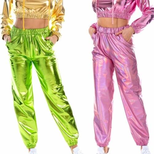 Pole dance rave clothes holographic pants hip hop dance pants women joggers shinny leggings dance costume drag queen sexy pole