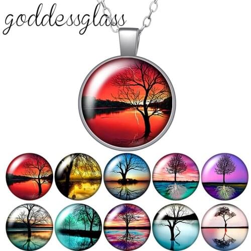 Colorful Tree Life of tree Lake Round Glass glass cabochon silver plated/Crystal pendant necklace jewelry for Gift