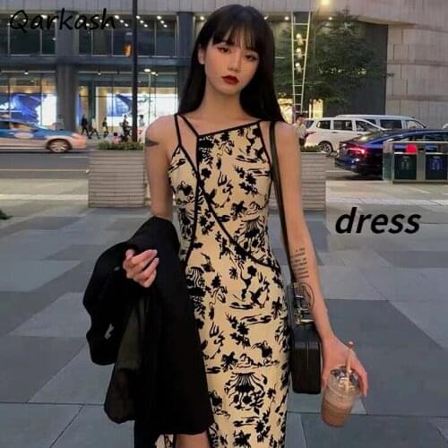 Dresses Women Asymmetrical Fashion Streetwear Summer Side-slit Design Mid-calf Print Causal Retro Harajuku Basic Female Elegant