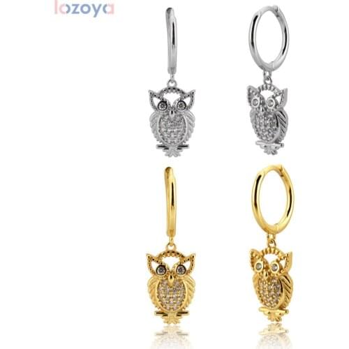 LOZOYA 925 Sterling Silver Owl Drop Punk Loops Earring Piercing Nighthawk Luxury Zircon CZ Jewelry 2021 Fashion Rock Circle
