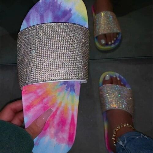 Shining Summer Slippers Women Flat Slides Crystal Colorful Sole Flip Flops Casual Beach Shoes Slip On Plus Size 35-44 New 2020