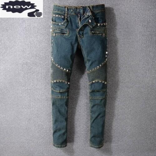 Vintage Washed Mens Biker Jeans Punk Style Studded Slim Fit Pleated Pencil Rivet Motorcycle Denim Pants Big Size Trousers