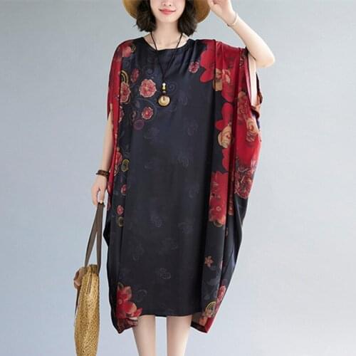 Positioning printing Vintage Dress Batwing Sleeve Loose Summer Dress Thin Soft Women Holiday Travel Casual Beach Style Dress