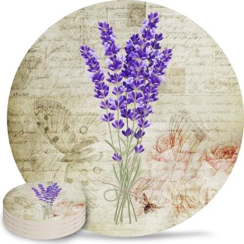 Vintage Plant Lavender Purple Ceramic Coasters Waterproof Tea Cup Mat Christmas Home Decor Coasters for Glasses