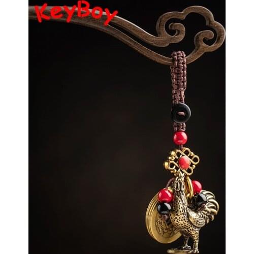 Vintage Brass Zodiac Chicken Keychains Pendants Handmade Woven Rope Chinese Five Emperors Coins Feng Shui Car Key Rings Hangings