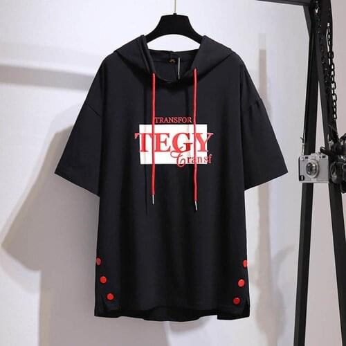 150Kg Plus size womens summer loose hooded short sleeve T-shirt bust 157cm 6XL 7XL 8XL 9XL 10XL button letter top black pink