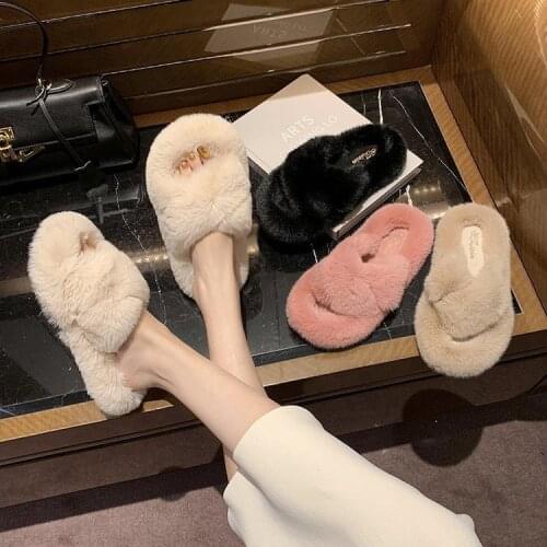 2021 Women Furry Slippers Ladies Shoes Cute Plush Fox Hair Fluffy Sandals Indoor home Fur Slippers Winter Warm Slippers Women