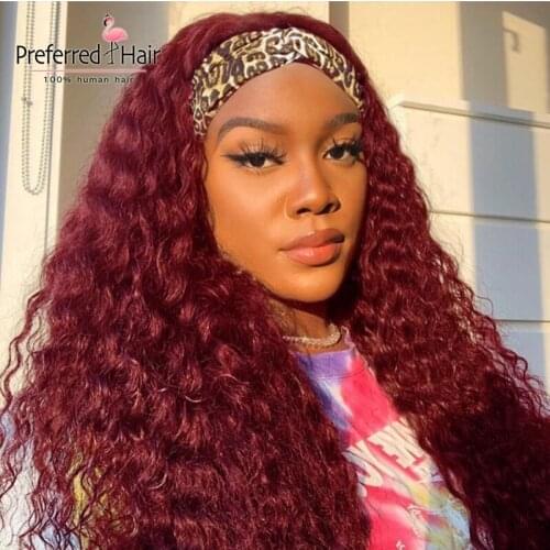 Preferred Red Curly Headband Wig Full Machine Made No Glue No Gel Brazilian Remy Highlight Water Wave Human Hair Wigs For Women