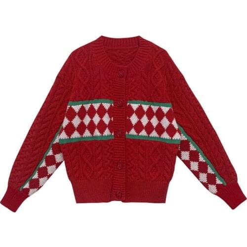 PERHAPS U Women Sweater Knitted Crew Neck Cardigan Button Red Navy Argyle Plaid Spring Autumn M0370