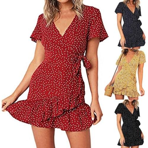 2021 Women Print Short Sleeve Wrap Front V Neck Lacing Ruffle Hem Mini Fashion Attractive Dress for Date Party drop shipping