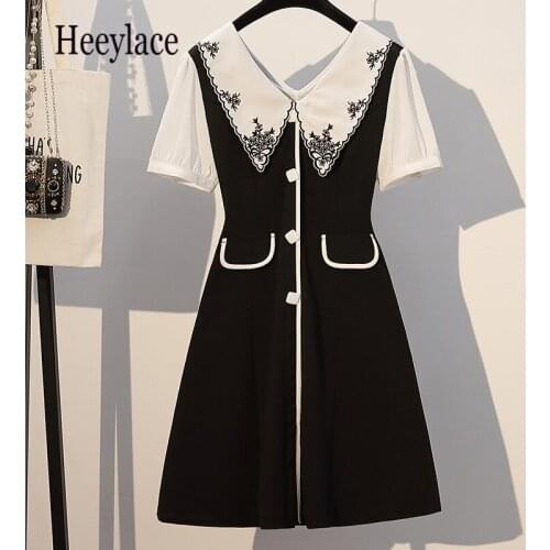 Plus Size Women High Waist A-Line Party Dress Summer 2020 Fashion Embroidery Peter Pan Collar Short Sleeve Tunic Dresses 5xl