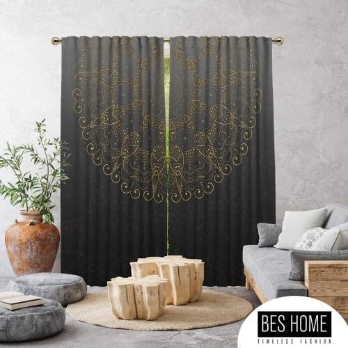 Ethnic,Golden Mandala Grey,Window Curtain 2 panels,Blackout,Room darkering,Custom size, made to order