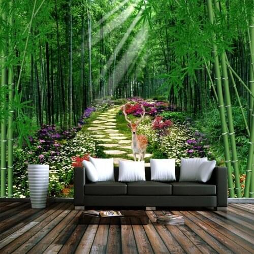 Custom Mural Nature Landscape Green Bamboo Forest Small Road Deer 3D Photo Wallpaper Wall Painting Living Room Sofa Decoration