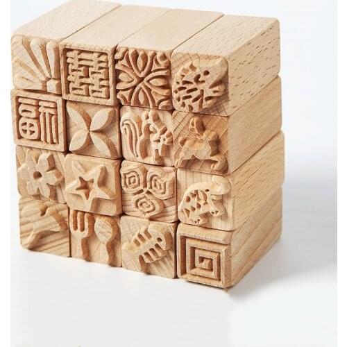 16pcs of pottery wood texture texture seal solid wood cartoon moon cake printing creative tool pottery mud plastic mold stamp