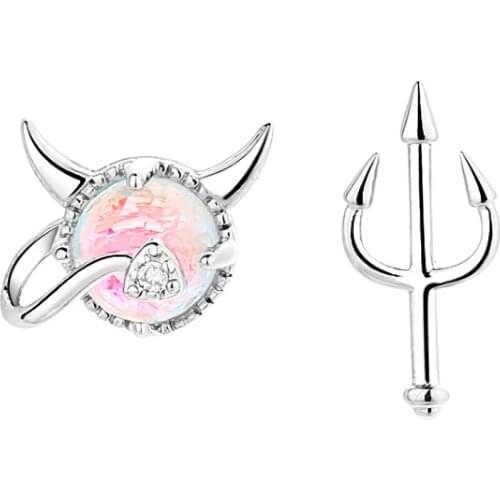 Dainty Female Moonstone Asymmetrical Earring Charm Sterling Silver Stud Earrings For Women Cute Crystal Demon Wedding Earring