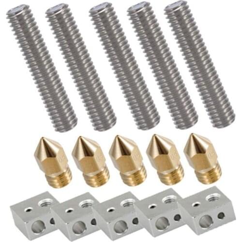 3D Printer MK8/MK7 Extruder Nozzles Kit for 5PC 0.4mm Nozzle Print Head+ 5PC Throat Tube+ 5PC Heater Blocks Hotend