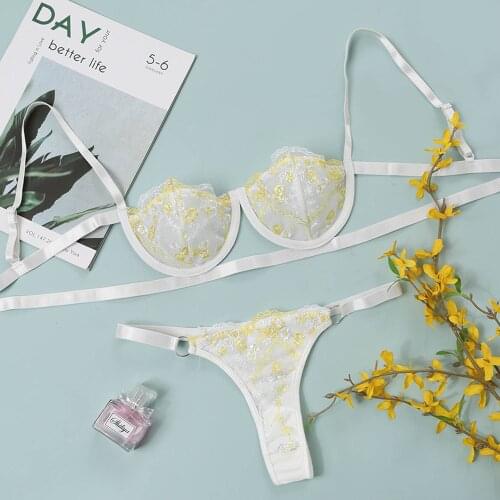 Yimunancy 2 Pcs Flowers Embrodiery Lace Bra Set Women Transparent Bra + Panty Lingerie Set 2021 Ladies Sexy Underwear