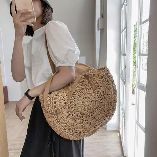 Round Straw Beach Bag Vintage Handmade Woven Shoulder Bag Raffia circle Rattan bags Bohemian Summer Vacation Casual Bags