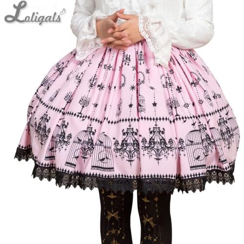 Sweet Mori Girl Pink Bird Cage and Chandelier Printed Short Skirt for Women