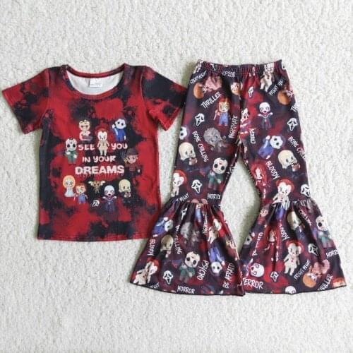 NO MOQ kids clothes short sleeve tee shirt bell bottom pants boutique sibling Halloween outfits ready to ship clothing sets