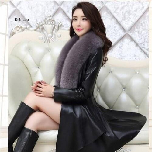 New Winter Women Leather Fur Jackets Female Cotton Padded Overcoat Imitate Fox Wool Outerwear