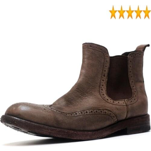 Brogue Winter Mens Wing Tip Chelsea High Top Moto Biker Riding Safety Shoes Vintage Work Cow Genuine Leather Ankle Boots