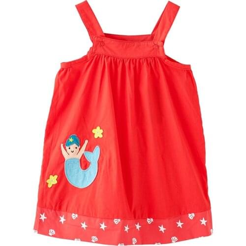 Little Maven New Summer Kids Red Sleeveless Shoulder-Straps Applique Button Woven Cotton Girls Sandbeach Dresses