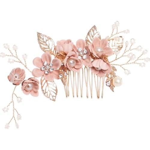 Romatic Blue Flower Festival Wedding Hair Combs Pearls Hair Pins Prom Bridal Wedding Hair Gold Leaves Hair Jewelry
