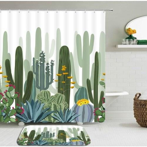 3D Cactus Flower Shower Curtain Set Bathroom Waterproof Polyester fabric + Non-slip Mat Toilet Bathroom Home Decor 2pcs/set