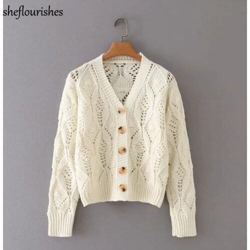Knitted sweater women summer cropped cardigan casual long sleeve sweater loose solid button up cardigan hollow out sweater white