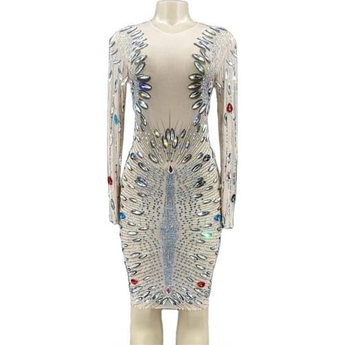 Colorful Crystal Rhinestone Skinny Sheath Dress Long Sleeves Elegant Dress Women Party Prom Nightclub Singer Stage Show Costume
