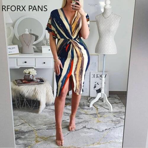 Women Colorblock Twisted Front Slit Short Sleeve Casual Dress Bodycon Midi Dress for Women Dress 2021