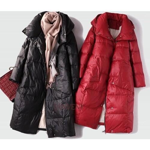 2021 New Fashion Winter High Quality Double Collar Women White Duck Down Coat Female Over Knee Slim Fitting Straight Solid Parka