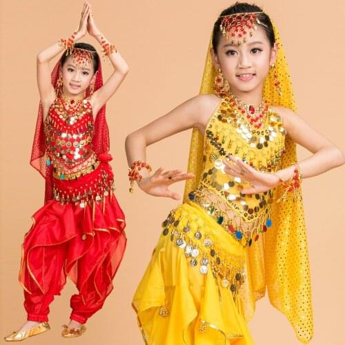 2016 kids belly dance 6 pcs(top+pant+belt+head chain+hand chain+veil) indian clothes rose/red/yellow girls belly dance costume
