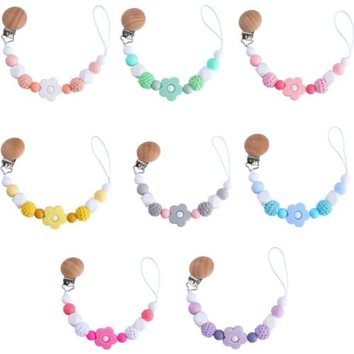 2021 New Portable Baby Pacifier Chain Wood Silicone Baby Teether Chain Anti-drop Soother Clip Teething Accessory