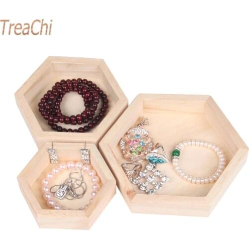 3pcs/1pc Wood Jewelry Storage Boxes Bracelet Necklace Display Tray Plate Hexagon Wooden Cases Organizer Dishes Tray