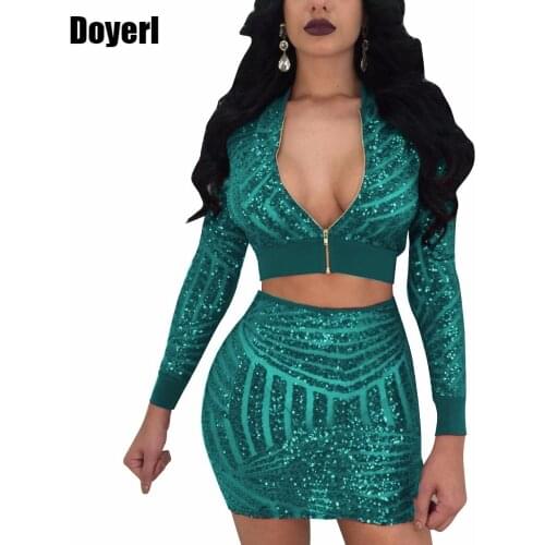 Sequin Outfits Sexy Club Party Two Piece Bodycon Dresses Women Sparkly Celebrity Dresses Sequin Crop Top and Mini Skirt Suit