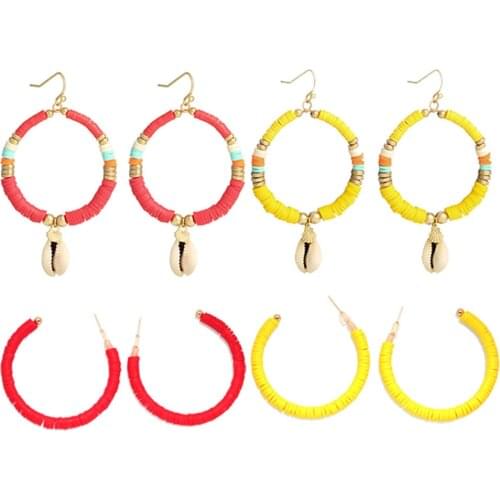 Bohemian Multicolored Polymer Clay Heishi Beads Cowrie Seashell Hook Earings Black Red Blue Women Girl Summer Surf Jewelry Gift