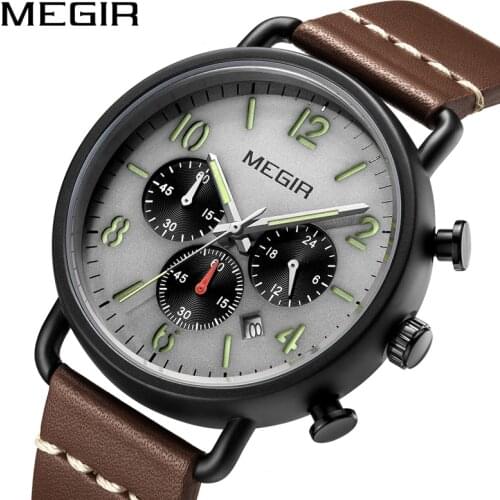 MEGIR 2020 New Watches for Men Chronograph Luminous Sports Mens Quartz Wrist Watch Man with Leather Strap Waterproof Mens Watch