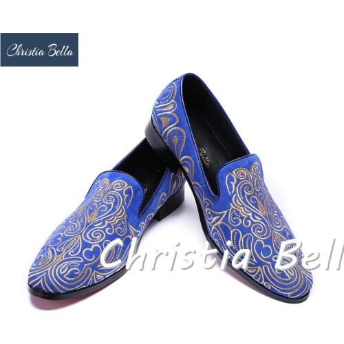 Christia Bella Brand Design Fashionable Embroidery Velvet Men Shoes Men Plus Size 38-47 Loafers Wedding and Party Shoe Men Flats