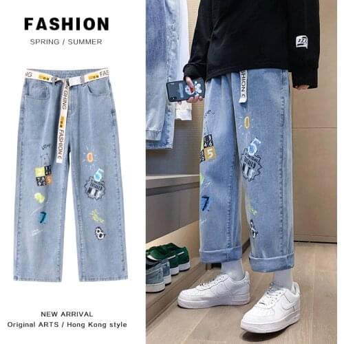 2021 Jeans Men Loose Straight Leg Pants Elastic Waist Youthful Vitality Comfortable Fashion Casual Versatile Wide Leg Long Pants