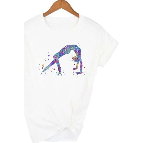FIXSYS Women Summer White Tee Shirt Gymnast Dancer T-Shirt Femme Watercolor Rainbow Gymnastics Art tshirt Tops Cloth Streetwear